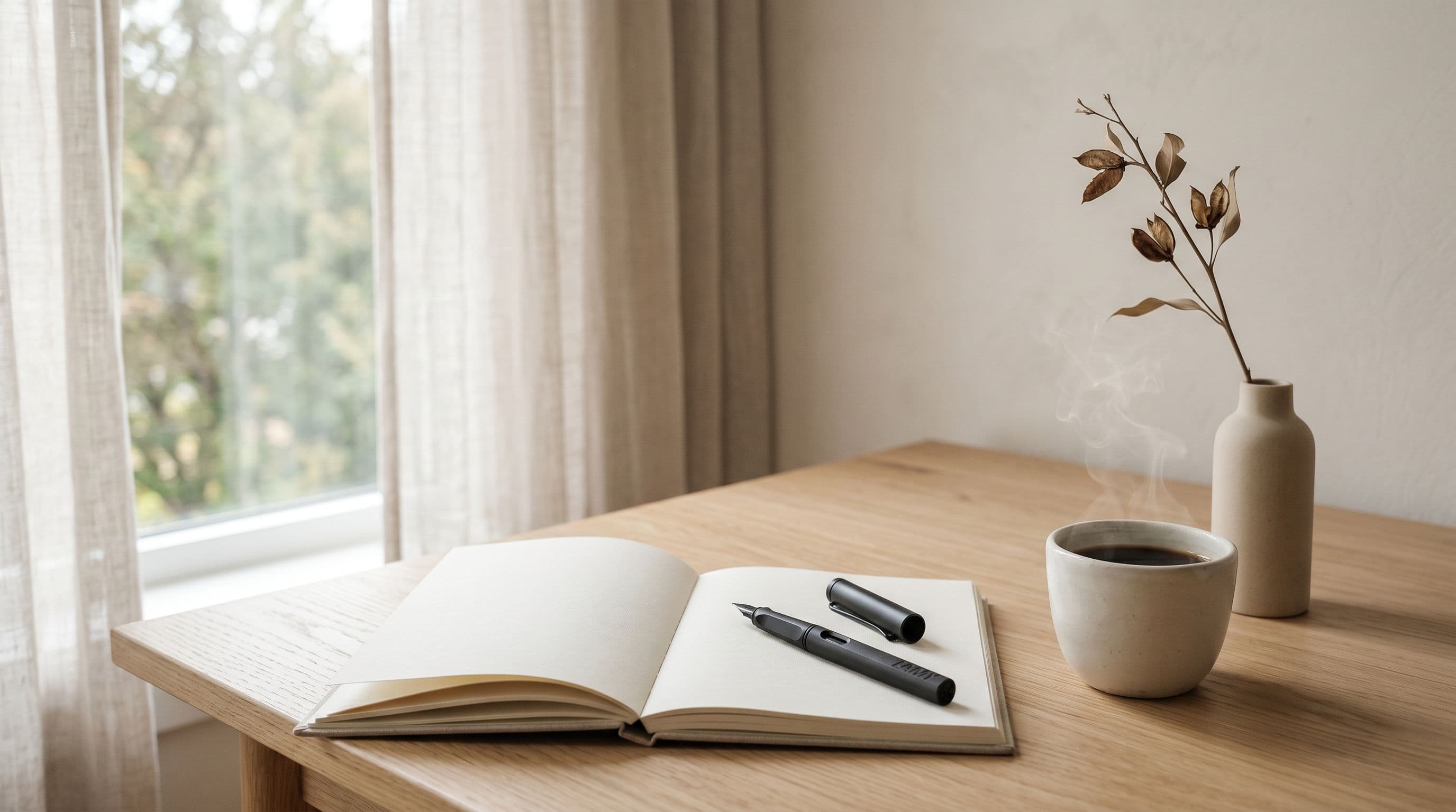 A serene desk in soft morning light: an open notebook with a fountain pen, a cup of coffee, a small dried branch in a vase.