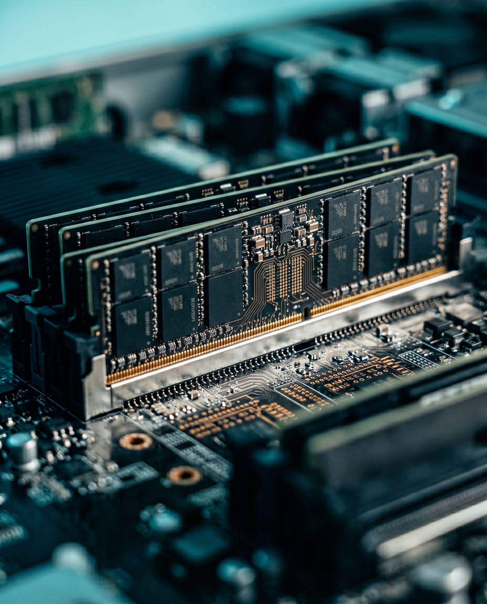 Macro close-up of high-end server memory modules and circuit boards, lit by cool teal ambient light.
